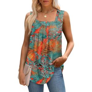 imageSaloogoe Tank Top for Women Loose Fit Eyelet Summer Tops Flowy Sleeveless Blouses Pleated Square Neck Curved Hem FashionUnique Coconut Tree
