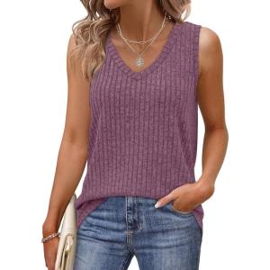 imageSaloogoe Tank Tops for Women 2025 V Neck Summer Sweaters Vest Lightweight Curved Hem Spring Beach FashionPurple Red