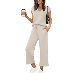 imageSaloogoe Two Piece Sets for Women Summer Outfits Lounge Sets V Neck Tops Wide Leg Pants Woman Vacation Travel OutfitsBeige