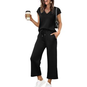 imageSaloogoe Two Piece Sets for Women Summer Outfits Lounge Sets V Neck Tops Wide Leg Pants Woman Vacation Travel OutfitsBlack