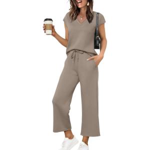 imageSaloogoe Two Piece Sets for Women Summer Outfits Lounge Sets V Neck Tops Wide Leg Pants Woman Vacation Travel OutfitsCoffee