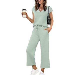 imageSaloogoe Two Piece Sets for Women Summer Outfits Lounge Sets V Neck Tops Wide Leg Pants Woman Vacation Travel OutfitsCream Green