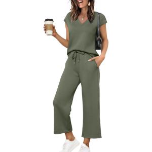 imageSaloogoe Two Piece Sets for Women Summer Outfits Lounge Sets V Neck Tops Wide Leg Pants Woman Vacation Travel OutfitsGreen