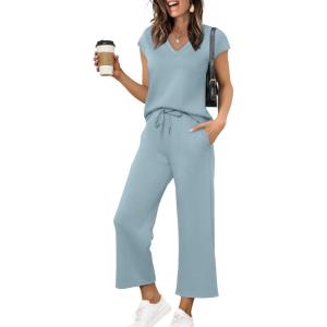 imageSaloogoe Two Piece Sets for Women Summer Outfits Lounge Sets V Neck Tops Wide Leg Pants Woman Vacation Travel OutfitsLake Blue