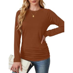 imageSaloogoe Womens Long Sleeve Shirts Dressy Casual Tops Crewneck Pleated Buttom ShirtCaramel