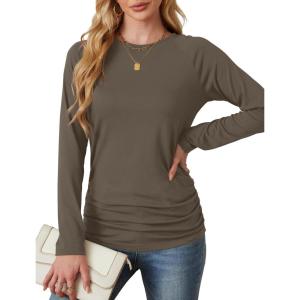 imageSaloogoe Womens Long Sleeve Shirts Dressy Casual Tops Crewneck Pleated Buttom ShirtCoffee