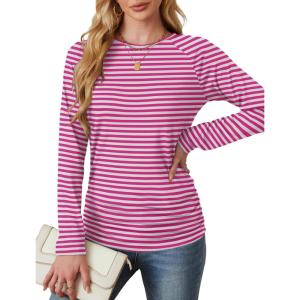 imageSaloogoe Womens Long Sleeve Shirts Dressy Casual Tops Crewneck Pleated Buttom ShirtStriped Pink and White