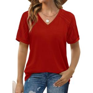 imageSaloogoe Womens Tops Summer Textured Short Sleeve V Neck T Shirts Loose Fit Fashion 2024