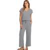 imageSaloogoe Two Piece Sets for Women Summer Outfits Lounge Sets V Neck Tops Wide Leg Pants Woman Vacation Travel OutfitsLight Gray
