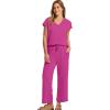 imageSaloogoe Two Piece Sets for Women Summer Outfits Lounge Sets V Neck Tops Wide Leg Pants Woman Vacation Travel OutfitsPink