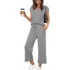 imageSaloogoe Two Piece Sets for Women Summer Outfits Lounge Sets V Neck Tops Wide Leg Pants Woman Vacation Travel OutfitsLight Gray