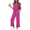 imageSaloogoe Two Piece Sets for Women Summer Outfits Lounge Sets V Neck Tops Wide Leg Pants Woman Vacation Travel OutfitsPink