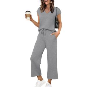imageSaloogoe Two Piece Sets for Women Summer Outfits Lounge Sets V Neck Tops Wide Leg Pants Woman Vacation Travel OutfitsLight Gray
