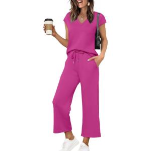 imageSaloogoe Two Piece Sets for Women Summer Outfits Lounge Sets V Neck Tops Wide Leg Pants Woman Vacation Travel OutfitsPink