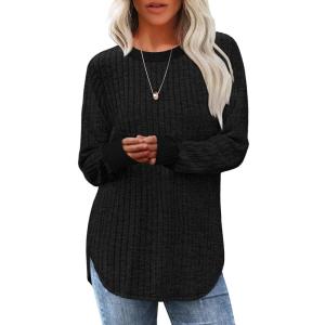 imageSaloogoe Sweaters for Women Long Sleeve Shirts Fall Outfits 2025 Tunic Tops Loose Fit Crewneck Color Block Ribbed CollarBlack