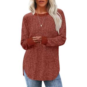 imageSaloogoe Sweaters for Women Long Sleeve Shirts Fall Outfits 2025 Tunic Tops Loose Fit Crewneck Color Block Ribbed CollarCaramel