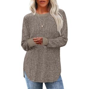 imageSaloogoe Sweaters for Women Long Sleeve Shirts Fall Outfits 2025 Tunic Tops Loose Fit Crewneck Color Block Ribbed CollarCoffee