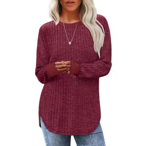 imageSaloogoe Sweaters for Women Long Sleeve Shirts Fall Outfits 2025 Tunic Tops Loose Fit Crewneck Color Block Ribbed CollarFuchsia
