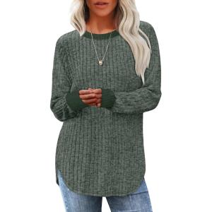 imageSaloogoe Sweaters for Women Long Sleeve Shirts Fall Outfits 2025 Tunic Tops Loose Fit Crewneck Color Block Ribbed CollarGreen