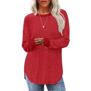 imageSaloogoe Sweaters for Women Long Sleeve Shirts Fall Outfits 2025 Tunic Tops Loose Fit Crewneck Color Block Ribbed CollarRed