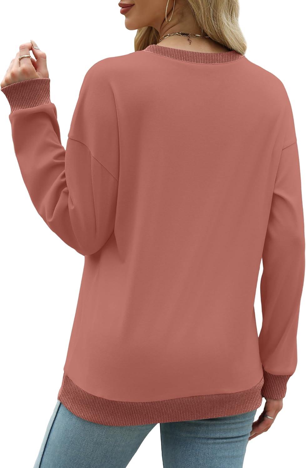 imageSaloogoe Sweatshirts for Women Crewneck Long Sleeve Loose Fit Tops Color Block Ribbed Trim Fashion 2025Fcoral