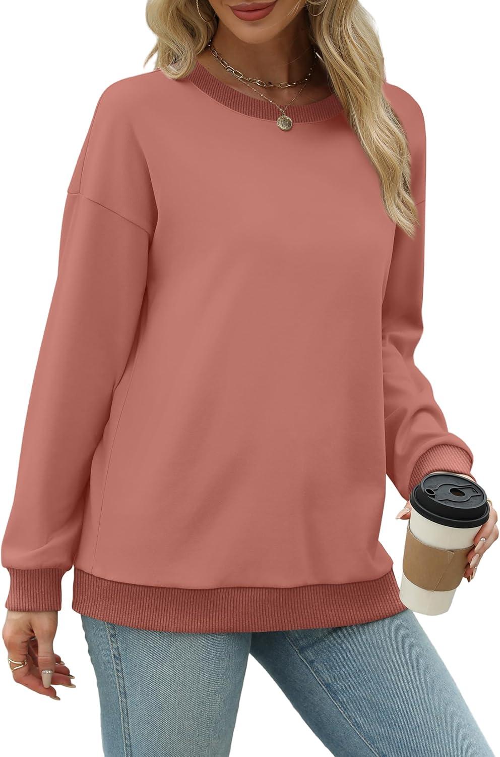 imageSaloogoe Sweatshirts for Women Crewneck Long Sleeve Loose Fit Tops Color Block Ribbed Trim Fashion 2025Fcoral
