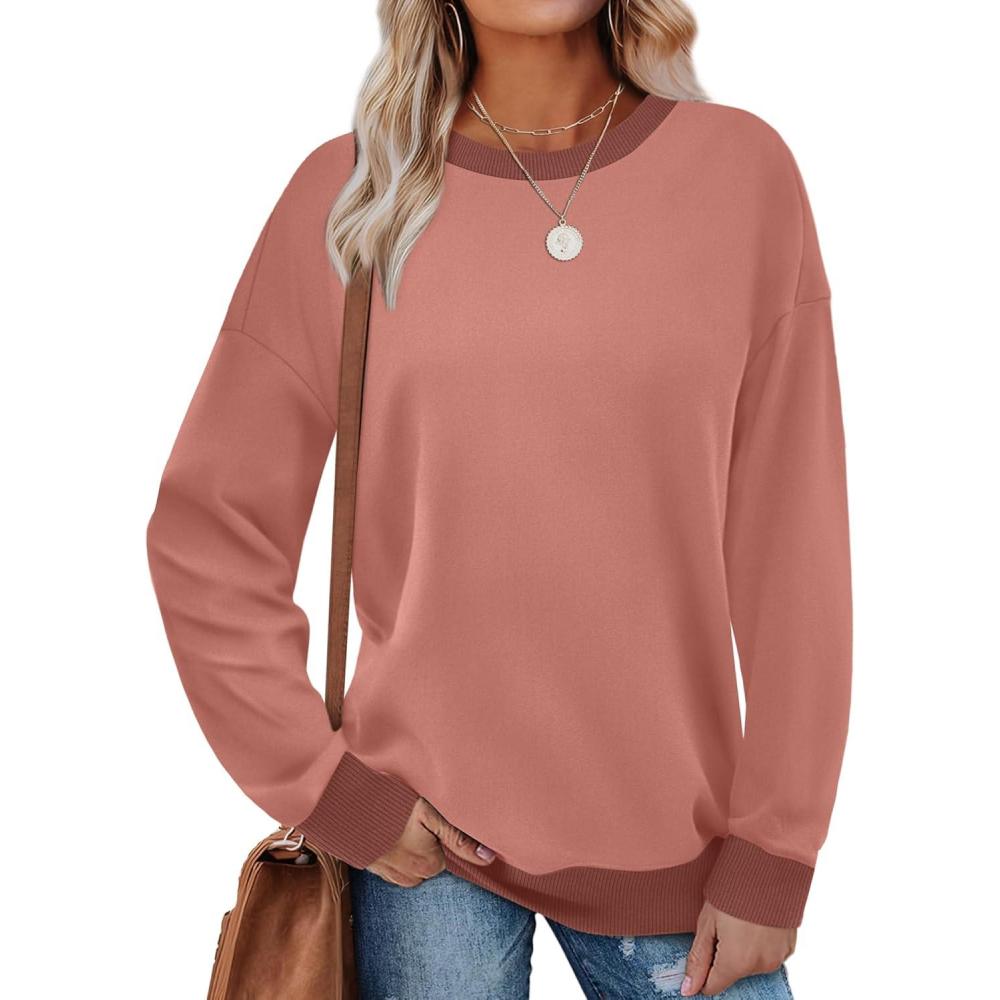 imageSaloogoe Sweatshirts for Women Crewneck Long Sleeve Loose Fit Tops Color Block Ribbed Trim Fashion 2025Fcoral