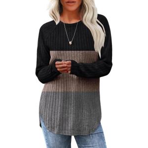 imageSaloogoe Long Sleeve Shirts for Women 2025 Fall Clothes Tunic Tops Loose Fit Dressy Crewneck Pullover Sweaters Curved HemColor Blockblackgrey
