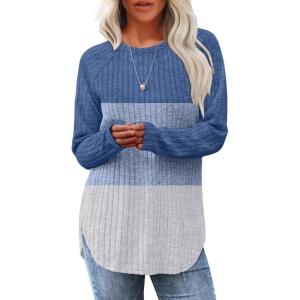 imageSaloogoe Long Sleeve Shirts for Women 2025 Fall Clothes Tunic Tops Loose Fit Dressy Crewneck Pullover Sweaters Curved HemColor Blockbluegrey