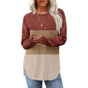 imageSaloogoe Long Sleeve Shirts for Women 2025 Fall Clothes Tunic Tops Loose Fit Dressy Crewneck Pullover Sweaters Curved HemColor Blockcaramelapricot