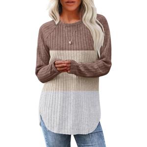 imageSaloogoe Long Sleeve Shirts for Women 2025 Fall Clothes Tunic Tops Loose Fit Dressy Crewneck Pullover Sweaters Curved HemColor Blockcoffeeapricot