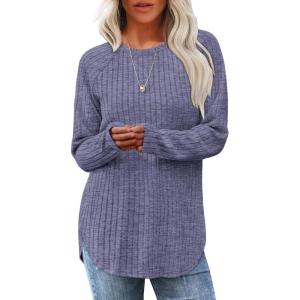 imageSaloogoe Long Sleeve Shirts for Women 2025 Fall Clothes Tunic Tops Loose Fit Dressy Crewneck Pullover Sweaters Curved HemGrey Blue