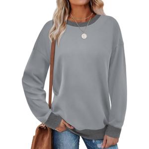 imageSaloogoe Sweatshirts for Women Crewneck Long Sleeve Loose Fit Tops Color Block Ribbed Trim Fashion 2025Fgrey