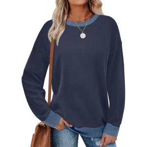 imageSaloogoe Sweatshirts for Women Crewneck Long Sleeve Loose Fit Tops Color Block Ribbed Trim Fashion 2025Fnavy Blue