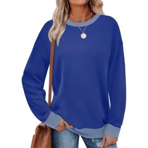 imageSaloogoe Sweatshirts for Women Crewneck Long Sleeve Loose Fit Tops Color Block Ribbed Trim Fashion 2025Froyal Blue
