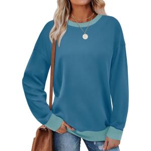 imageSaloogoe Sweatshirts for Women Crewneck Long Sleeve Loose Fit Tops Color Block Ribbed Trim Fashion 2025Peacock Blue