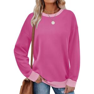 imageSaloogoe Sweatshirts for Women Crewneck Long Sleeve Loose Fit Tops Color Block Ribbed Trim Fashion 2025Rose Pink