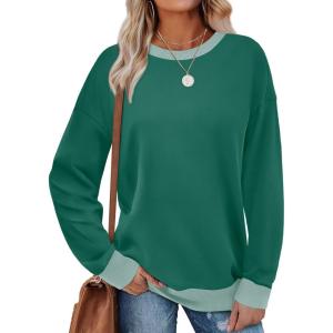 imageSaloogoe Sweatshirts for Women Crewneck Long Sleeve Loose Fit Tops Color Block Ribbed Trim Fashion 2025Turquoise