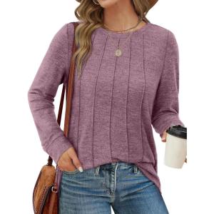 imageSaloogoe Long Sleeve Shirts for Women Dressy Casual Tops Pleated Front Lightweight SweatersPurple