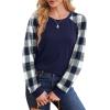 imageSaloogoe Sweatshirts for Women Crewneck Cable Knit Sleeve Sweaters Lightweight Fashion 2025Kplaid Blue