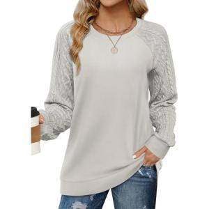imageSaloogoe Sweatshirts for Women Crewneck Cable Knit Sleeve Sweaters Lightweight Fashion 2025Jlight Grey Green