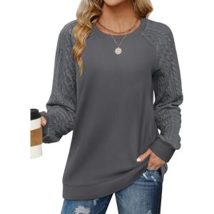 imageSaloogoe Sweatshirts for Women Crewneck Cable Knit Sleeve Sweaters Lightweight Fashion 2025Kgrey