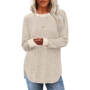imageSaloogoe Sweaters for Women Long Sleeve Shirts Fall Outfits 2025 Tunic Tops Loose Fit Crewneck Color Block Ribbed Collar
