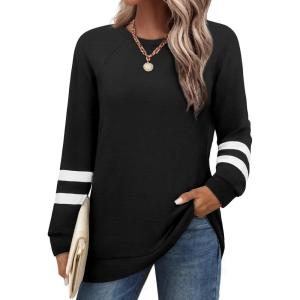 imageSaloogoe Tunic Sweatshirts for Women Crewneck Lightweight Sweaters Raglan Long Sleeve Shirts Fall Fashion Tops 2025Striped Black