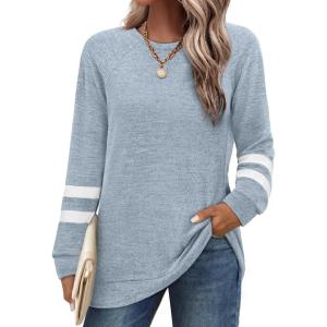 imageSaloogoe Tunic Sweatshirts for Women Crewneck Lightweight Sweaters Raglan Long Sleeve Shirts Fall Fashion Tops 2025Striped Blue