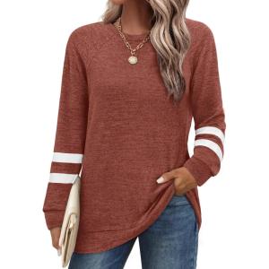 imageSaloogoe Tunic Sweatshirts for Women Crewneck Lightweight Sweaters Raglan Long Sleeve Shirts Fall Fashion Tops 2025Striped Caramel