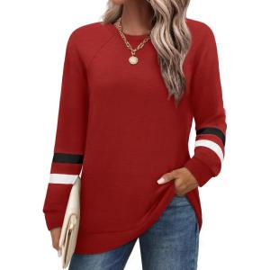 imageSaloogoe Tunic Sweatshirts for Women Crewneck Lightweight Sweaters Raglan Long Sleeve Shirts Fall Fashion Tops 2025Striped Red