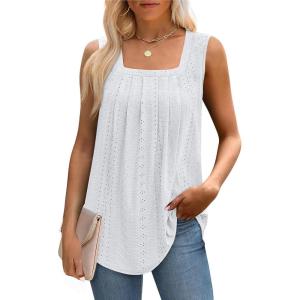 imageSaloogoe Tank Top for Women Loose Fit Eyelet Summer Tops Flowy Sleeveless Blouses Pleated Square Neck Curved Hem Fashion