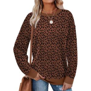 imageSaloogoe Sweatshirts for Women Crewneck Long Sleeve Loose Fit Tops Color Block Ribbed Trim Fashion 2025Gpattern Leopard