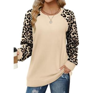 imageSaloogoe Sweatshirts for Women Crewneck Cable Knit Sleeve Sweaters Lightweight Fashion 2025Hleopard Apricot